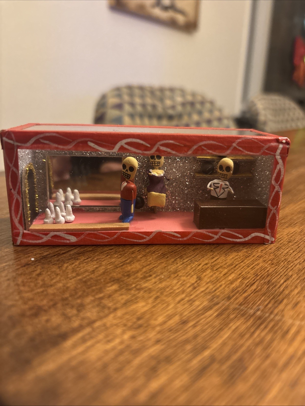 Vtg Dia De Los Muertos Shadow Box - Bowling - Diorama - Nicho -  4 In X 1 3/4in