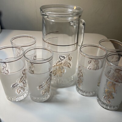 Vintage Decover Italy Gold Leaf  Frosted 6 Glasses and Pitcher. Never Used!!