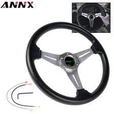 Gray Racing Sport 13”Deep Dish Leather 6 Bolt Steering Wheel with Horn Button