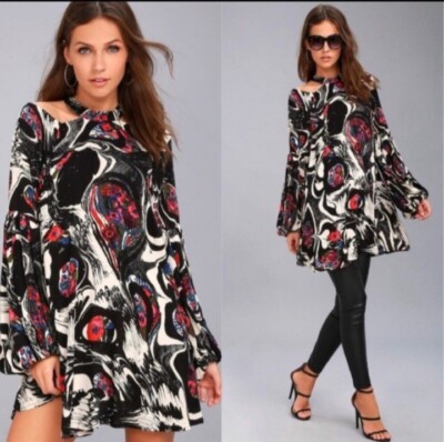 Free People Womens Drift Away Black Print Cold Shoulder Tunic Dress/ Top S
