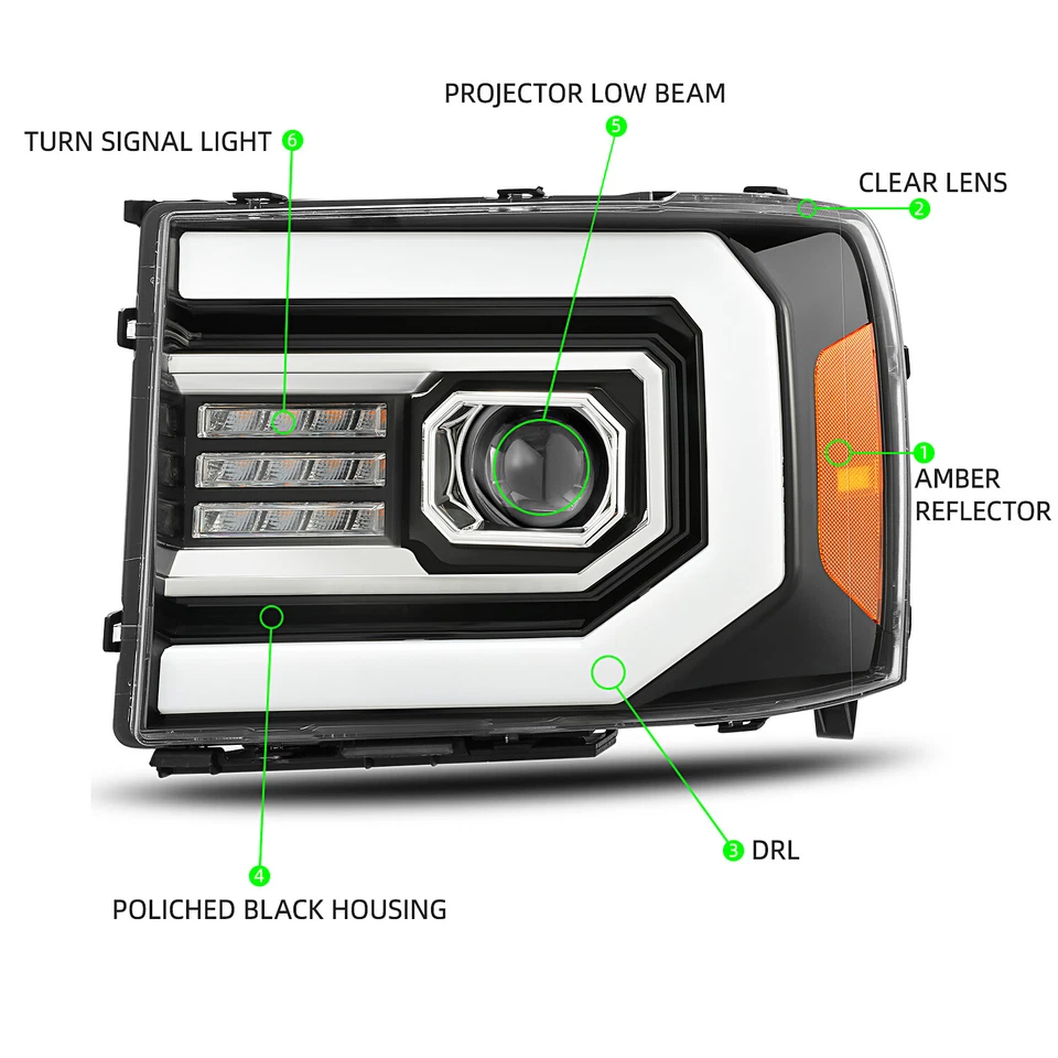 Fit 07-13 GMC sierra 1500/07-14 2500/3500HD Polished Black Headlights W/LED DRL - Image 2 of 4