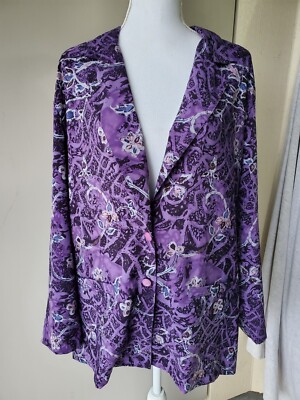 Graff Californiawear Blazer Jacket Women 18 Purple Black Gray Floral Pockets VTG