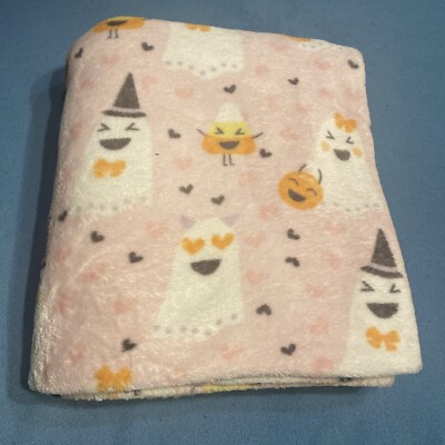 ''Candy Corn Lane'' Plush Halloween Blanket 60x50 pink Ghosts Jack o lanterns