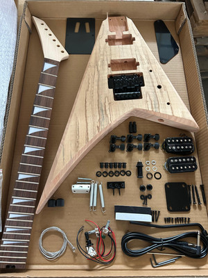 DIY V Electric Guitar Kit  Spalted Maple Veneer Floyd Rose style Tremolo bolt-on