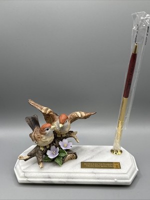 Vintage Porcelain Sparrows Pen Holder Marble Base Bible Verse ''God Cares For Me 