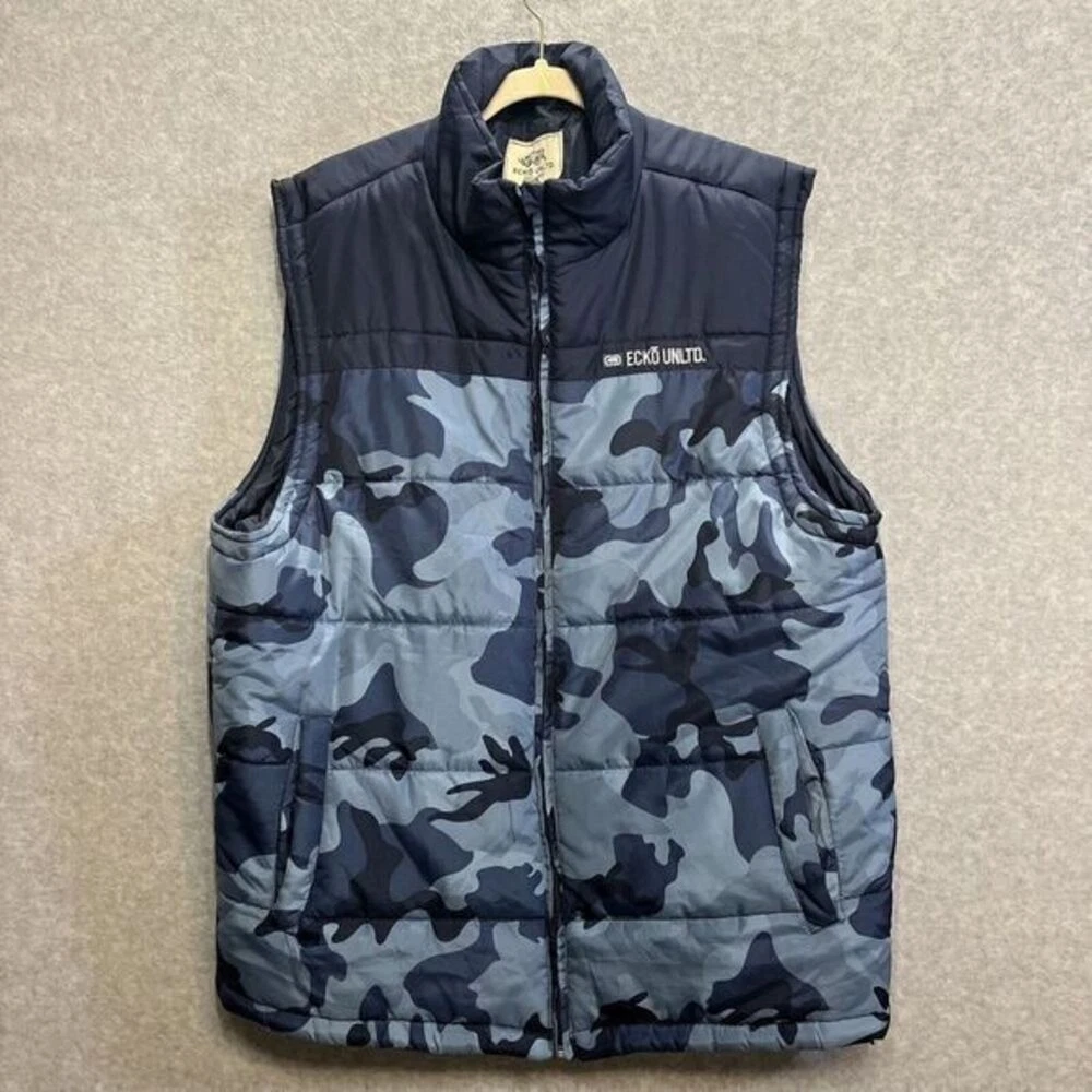 Ecko Unlimited Mens XL Puffer Camo Vest Jacket Blue Camp Y2K 90's