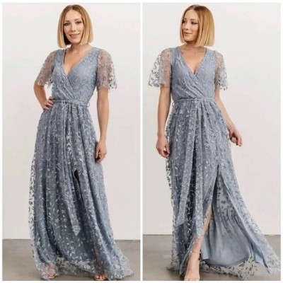 Baltic Born Marseille Embossed Maxi Dress Womens XL Dusty Blue Floral Lace NWT