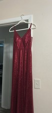 Red Sequin V-Neck Sleeveless Maxi Dress with Side Slit Mesh, Long, Regular Size