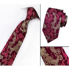 Men Dark Red 8CM Wide Chinese Dragon Floral Jacquard Necktie Wedding Formal Tie
