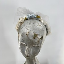 Vtg Floral Fascinator Hat White Blue Flowers Tulle Veil Wedding Tea Party Derby