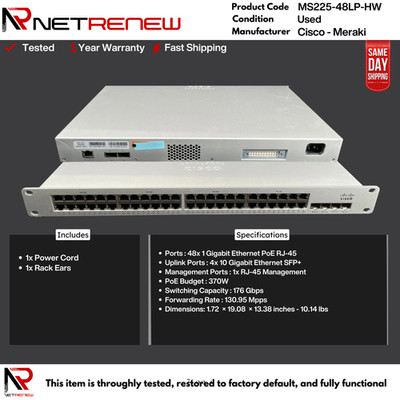 UNCLAIMED Cisco Meraki  MS225-48LP-HW  GbE PoE 4x 10G SFP