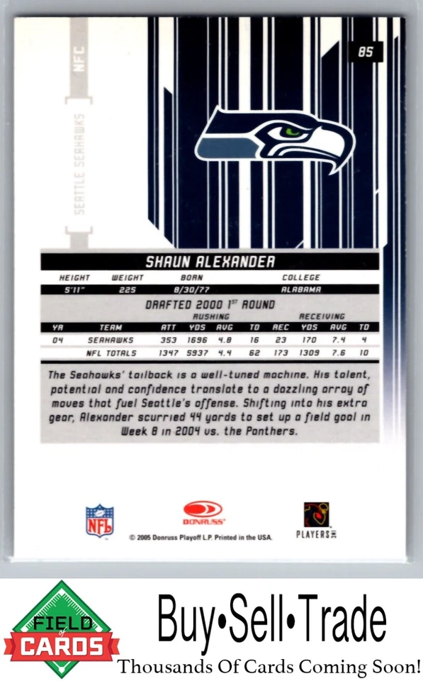 2005 Leaf Rookies & Stars Longevity 85 Shaun Alexander Sapphire /250 - Image 2 of 2