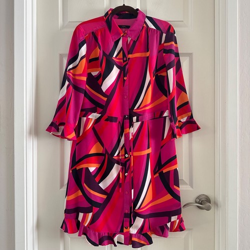 Trina Turk Nat Drawstring Shirt Dress Pink Geometric Print Women's Size Medium - Picture 3 of 13