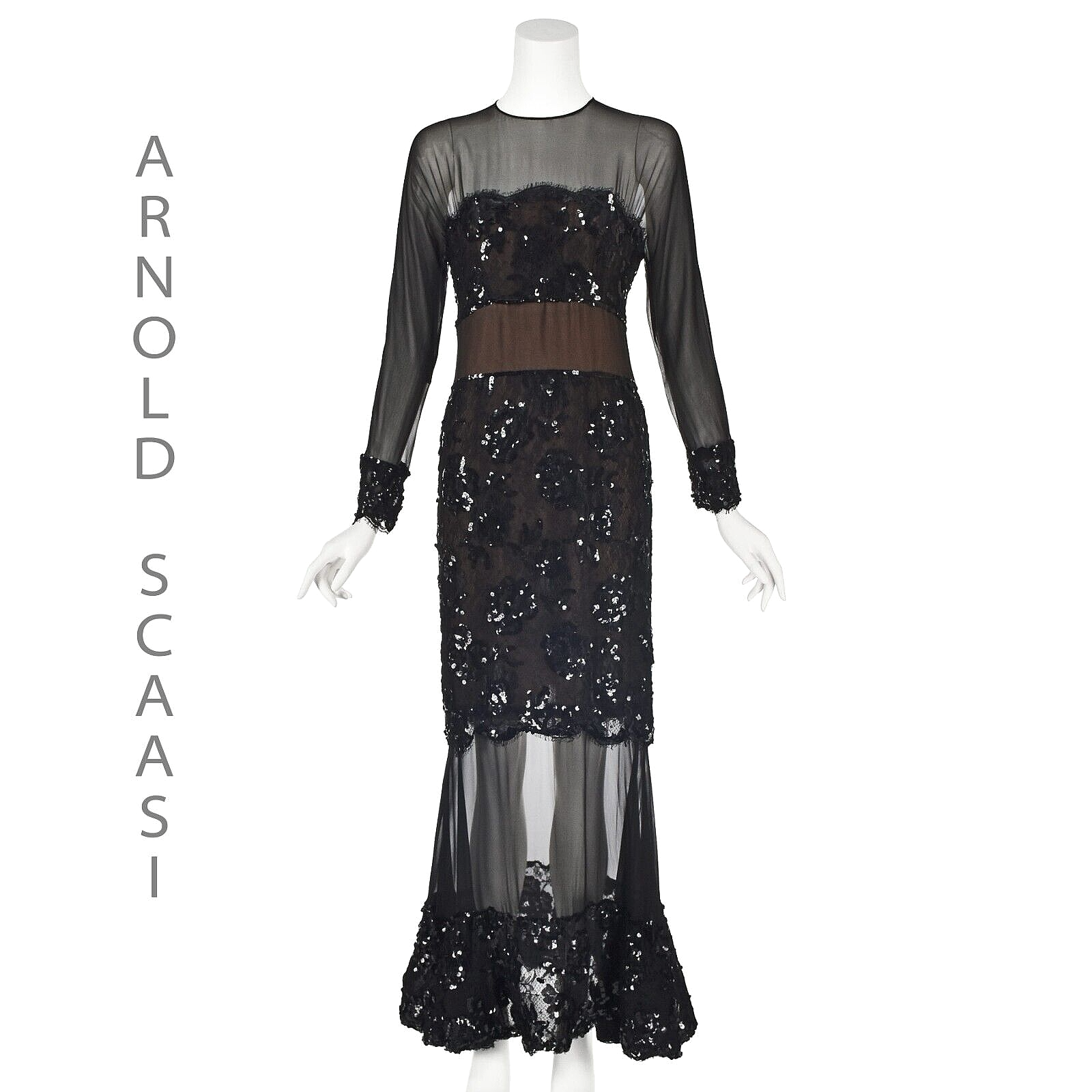 ARNOLD SCAASI Vintage Black Chiffon & Sequined Formal Evening Gown SZ 6,8
