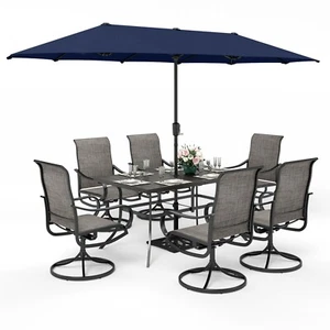 8 PCS Outdoor Dining Set Patio Furniture Metal Table and Chairs Set W/ Umbrella