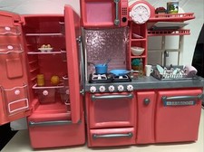 Our Generation Kitchen with Accessories Red Pink Fridge Oven Food Dishes