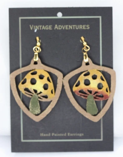 Wood Laser Cut Mushroom Dangle Drop Earrings Vintage Adventures Hand Painted