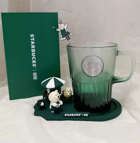 2024 Starbucks Bear Store Coaster Gradient Green Glass Cup With Apron Bear Stick - Picture 2 of 9