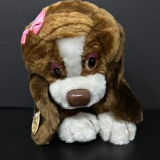 Vintage Russ Bertha Bassett Hound Brown Dog Plush Pink Bow 9" Stuffed Animal Tag