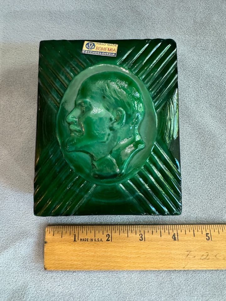 Vintage Handmade Bohemia Lenin Portrait Green Malachite Glass Trinket ...