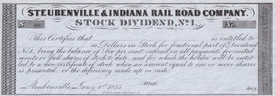 1855 Steubenville & Indiana Railroad Company - stock dividend certification