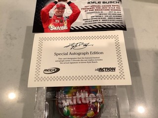 KYLE BUSCH AUTOGRAPHED 2015 TOYOTA SKITTLES INDY RACE WIN DIECAST W/COA & CARD