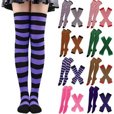 Long Socks Stocking Thumbhole Gloves Knee High Socks Set Striped Arm Sleeve O
