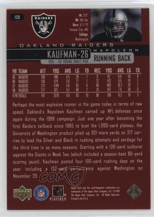 1999 Upper Deck UD Exclusives Level 1 /100 Napoleon Kaufman #159 - Image 2 of 2