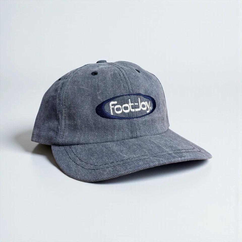 De colección Footjoy Denim Jean Golf Sombrero Correa Trasera Snap Script Logo Papá Años 90 Raro FJ Foto 2 de 4