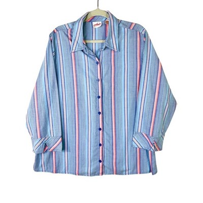 Chic Comfort Collection Womens 1X Blue Pink Striped Button Down Shirt 3/4 Sleeve