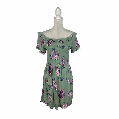 xhilaration green floral dress Smocked Cottagecore Off Shoulder Sage Print L Party Dresses