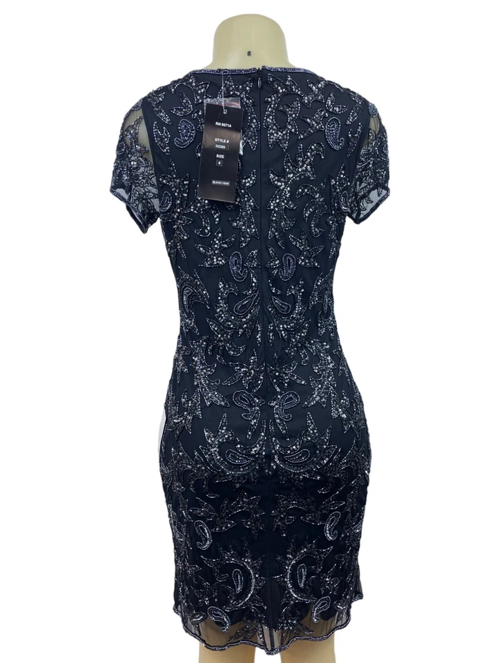 Платье-футляр женское Adrianna Papell с блестками украшенное черной сеткой короткий рукав - Изображение 2 из 4