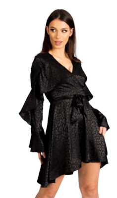 Womens Mini Black Leopard Satin Frilled Front Wrap 'MY Chic' Dress