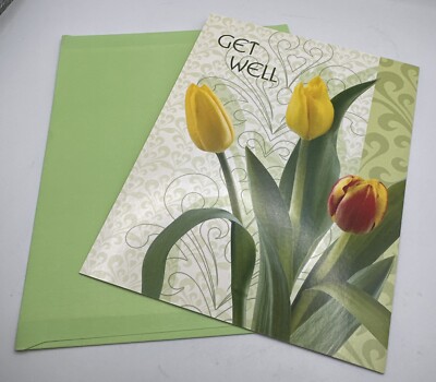 Get Well Card Yellow Tulips Art  Many Happy Thoughts Are Sent Your Way  4.5''X6.5