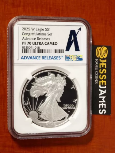 2025 W PROOF SILVER EAGLE NGC PF70 ADVANCE RELEASE CONGRATULATIONS SET 'A' LABEL