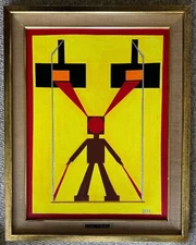 Vintage Surreal Abstract Geometric Painting Art Wall Hanging Signed REM Menges