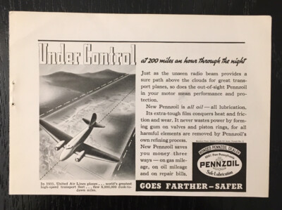 1936 Vintage Pennzoil Lubrication Oil Print Ad Under Control At 200 Miles an Hr