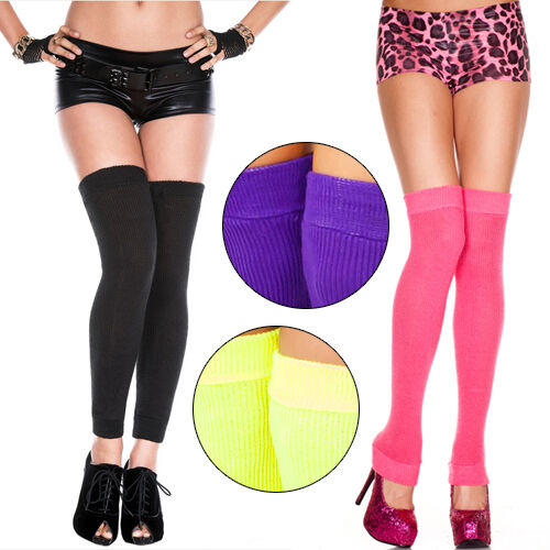 Acrylic Knit Thigh High Hi Leg Warmers Long Boot Socks Neon Colors Rave Costume - Photo 1 sur 12