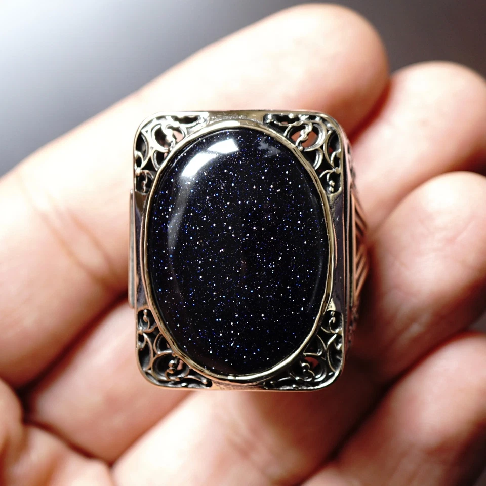 Silver Men's Statement Ring Bold solid 925k Blue Aventurine Starstone size 12 - Image 3 of 4