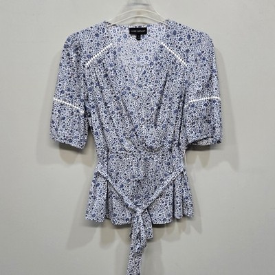 Plus Size 16 Cotton Cottagecore Ditsy Floral Peplum Wrap Top Shirt Boho Romantic