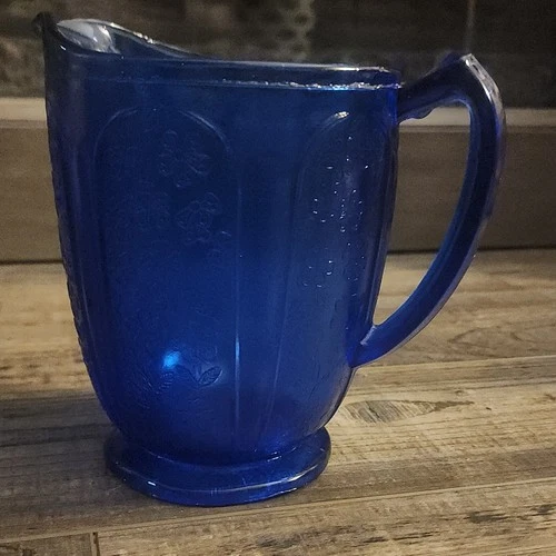 Hazel Atlas Royal Lace Cobalt Blue Depression Glass Pitcher.