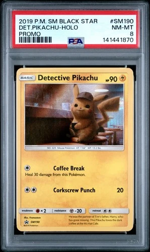 2019 POKEMON SM BLACK STAR PROMO #SM190 DETECTIVE PIKACHU-HOLO PSA 8