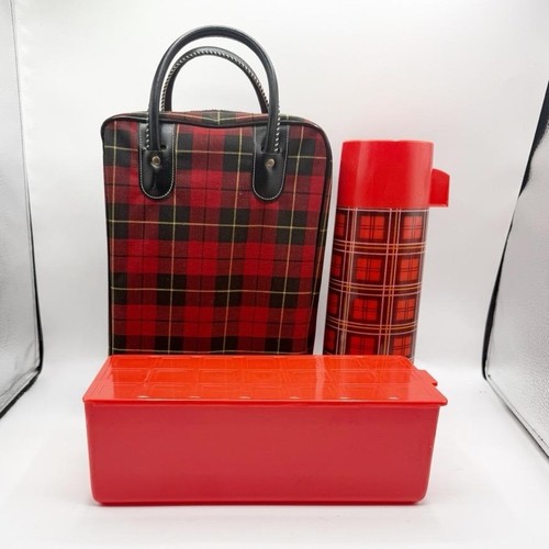 Aladdin Thermos Vtg Picnic Set Red Black Plaid Insulated Bag Retro rockabilly