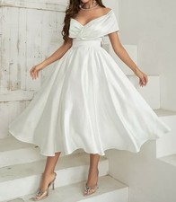 White Off-Shoulder A-Line Mid-Calf Short Sleeve Wedding Dress Princess Look