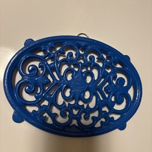Cast Iron Trivet - 9 inch Oval - Royal Blue Enamel Unbranded Vintage Look