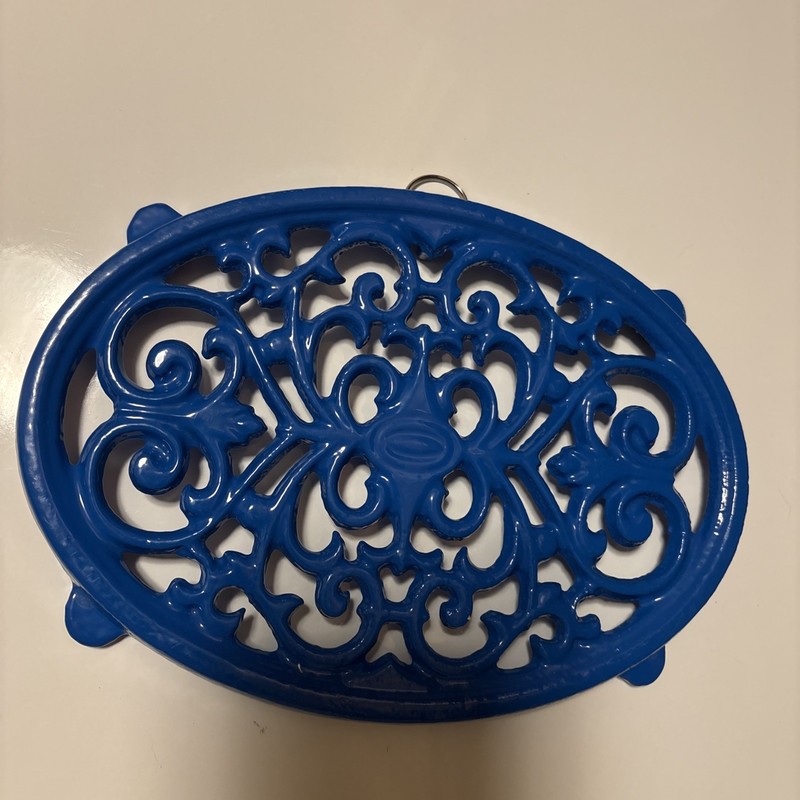 Cast Iron Trivet - 9 inch Oval - Royal Blue Enamel Unbranded Vintage Look