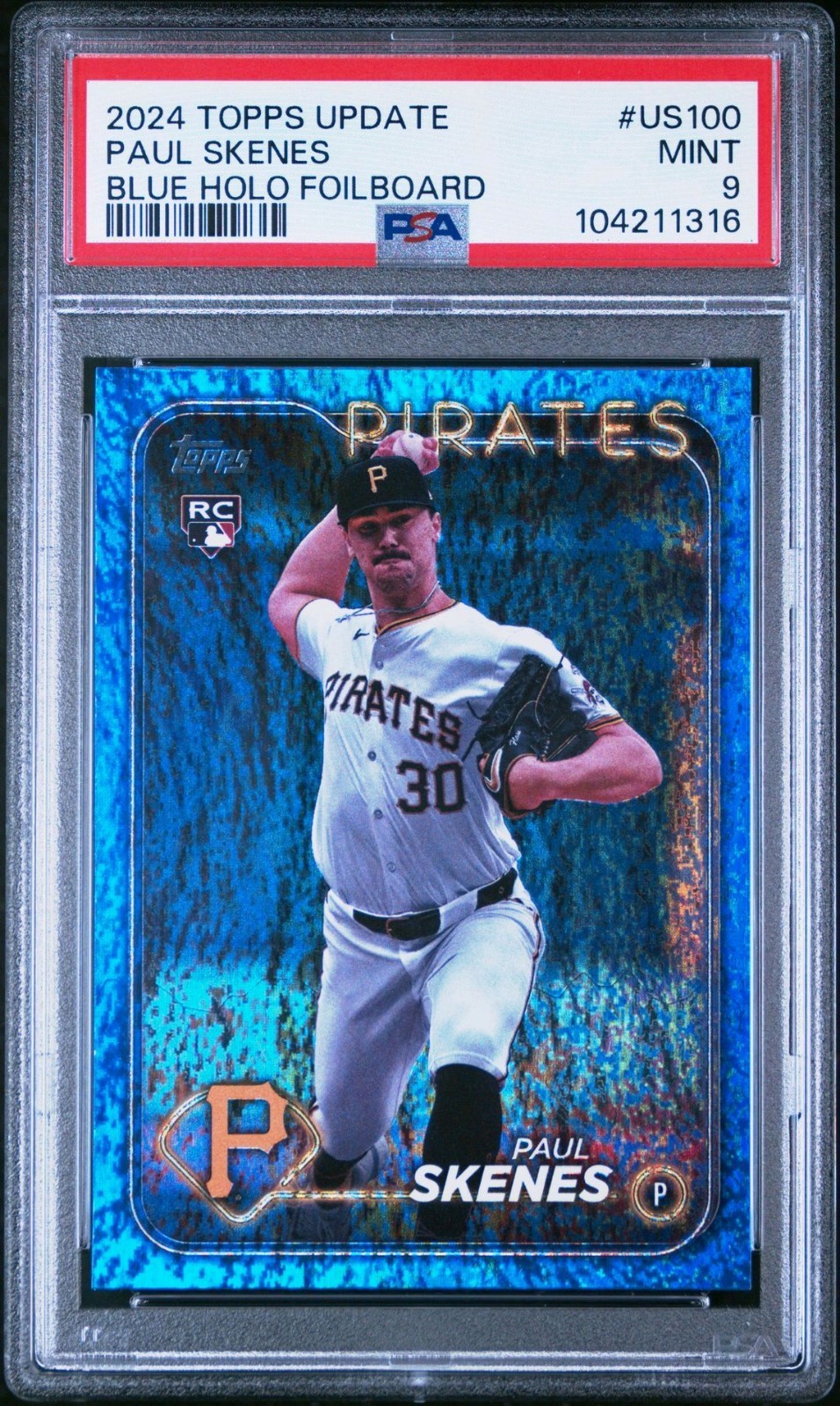 2024 TOPPS UPDATE US100 PAUL SKENES BLUE HOLO FOILBOARD 714/999 RC SP PSA 9