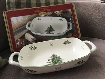 NEU VERPACKT SPODE CHRISTMAS TREE. LG.35.5x19.5cm.14 x7.75 . BROTKORB MIT 2 GRIFFEN.