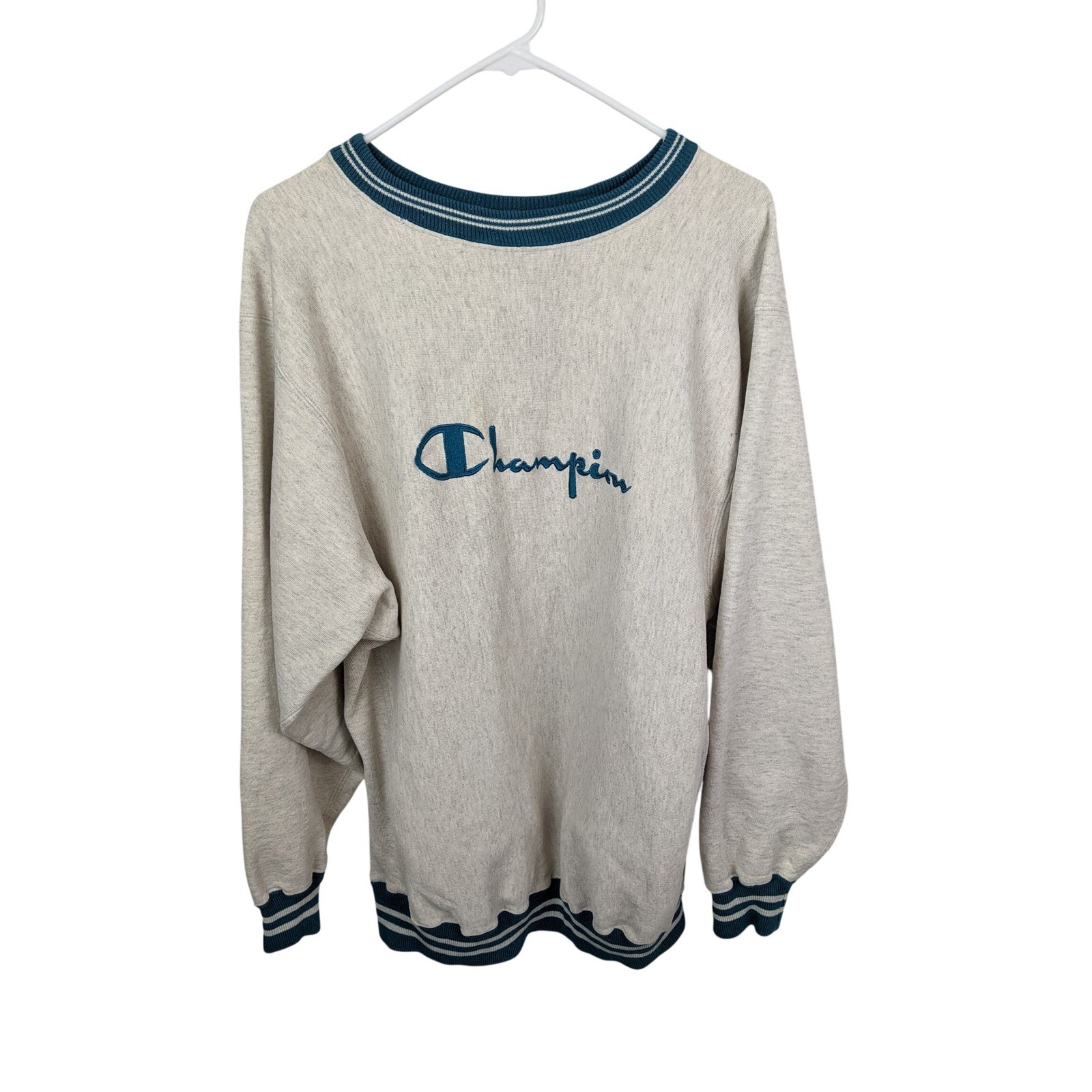 Champion Reverse Weave, Vintage Champion Reverse Weave Sweatshirt XXL Oatmeal Teal Striped Made in USA