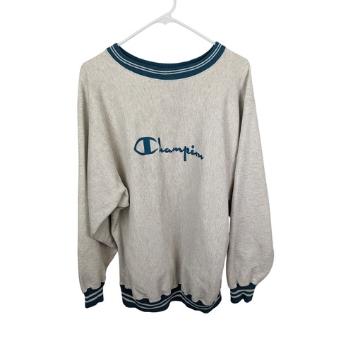 Champion Reverse Weave, Vintage Champion Reverse Weave Sweatshirt XXL Oatmeal Teal Striped Made in USA